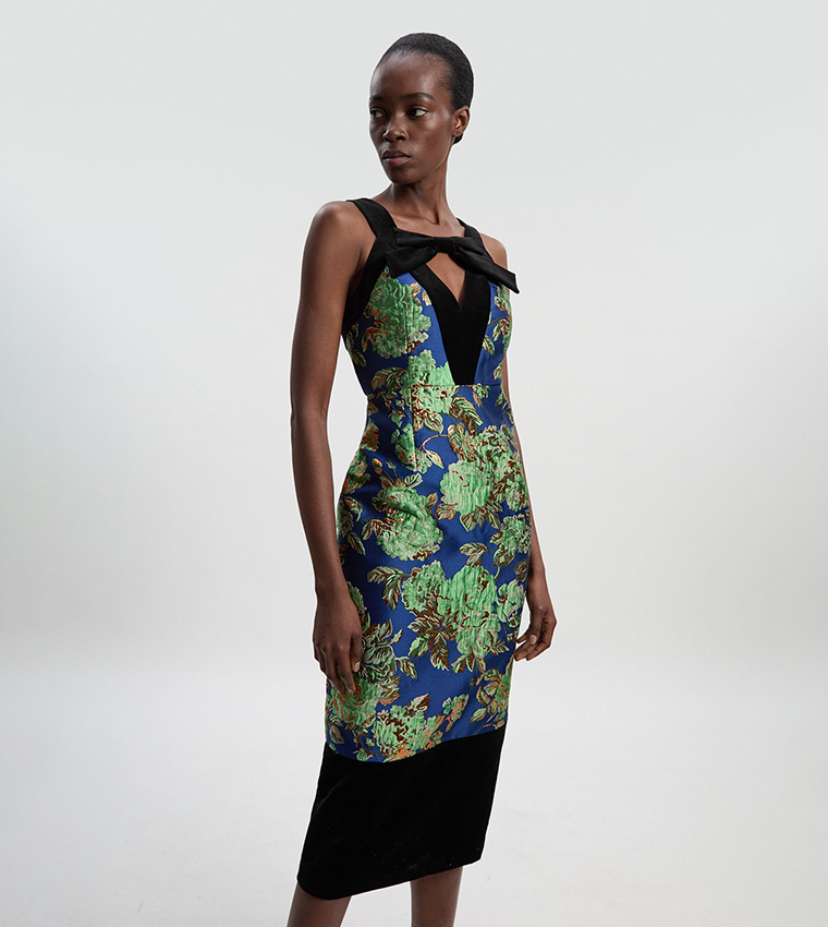Velvet and Jacquard Contrast Strappy Tailored Midi Dress
