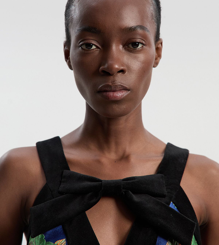 Velvet and Jacquard Contrast Strappy Tailored Midi Dress
