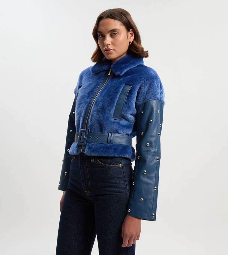 Shearling & Leather Mix Studded Biker Jacket