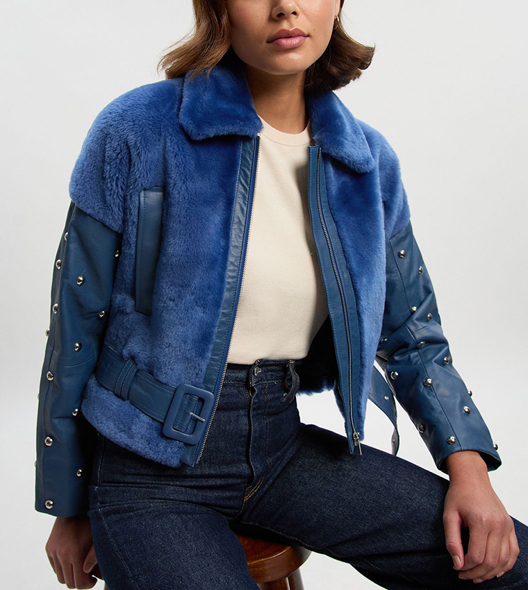 Shearling & Leather Mix Studded Biker Jacket