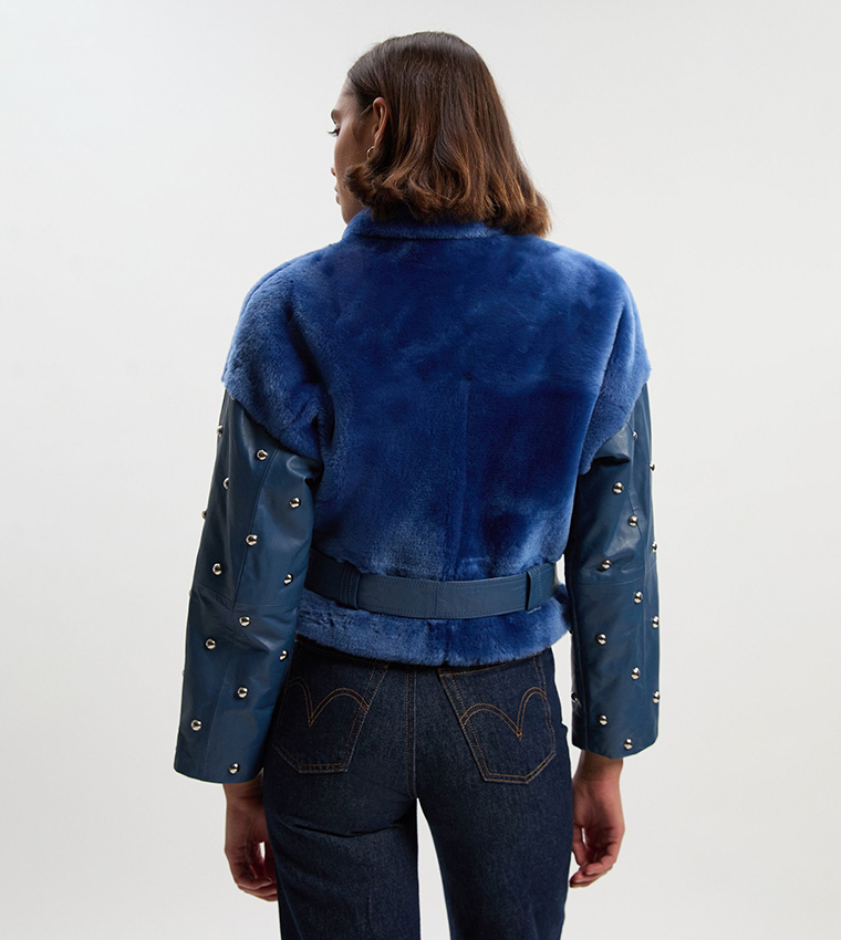 Shearling & Leather Mix Studded Biker Jacket