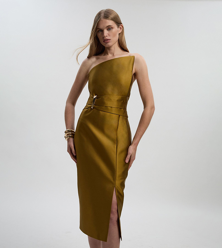 Buy Karen Millen Satin Twill Trim Detail Structured Midi Dress In Gold |  6thstreet Saudi Arabia