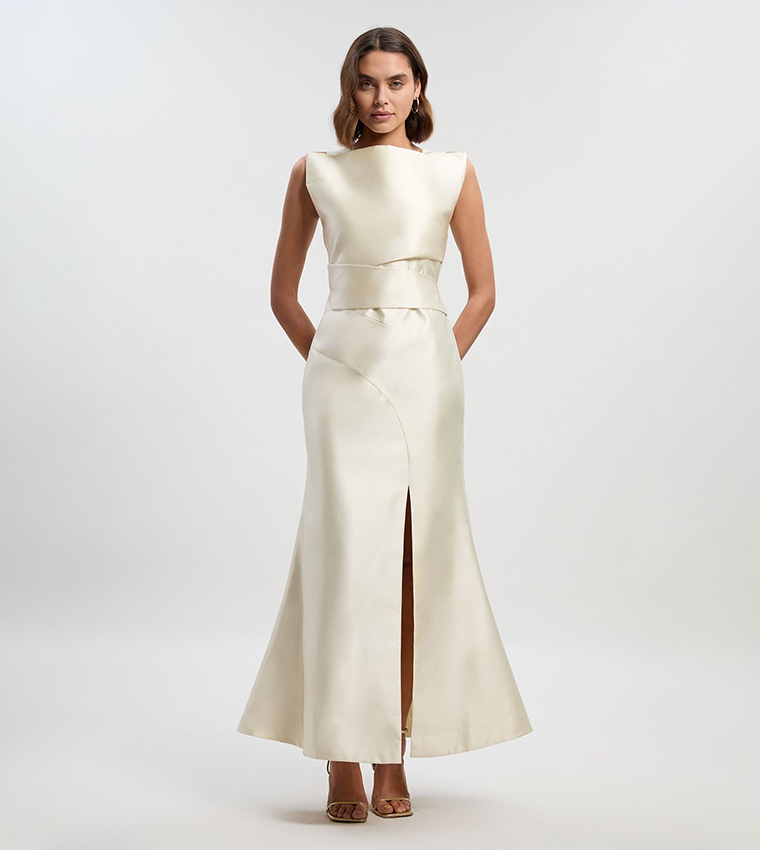 karen millen dress beige Beige Compact Stretch Essential Waist Tab Detail Tailored Mini Dress