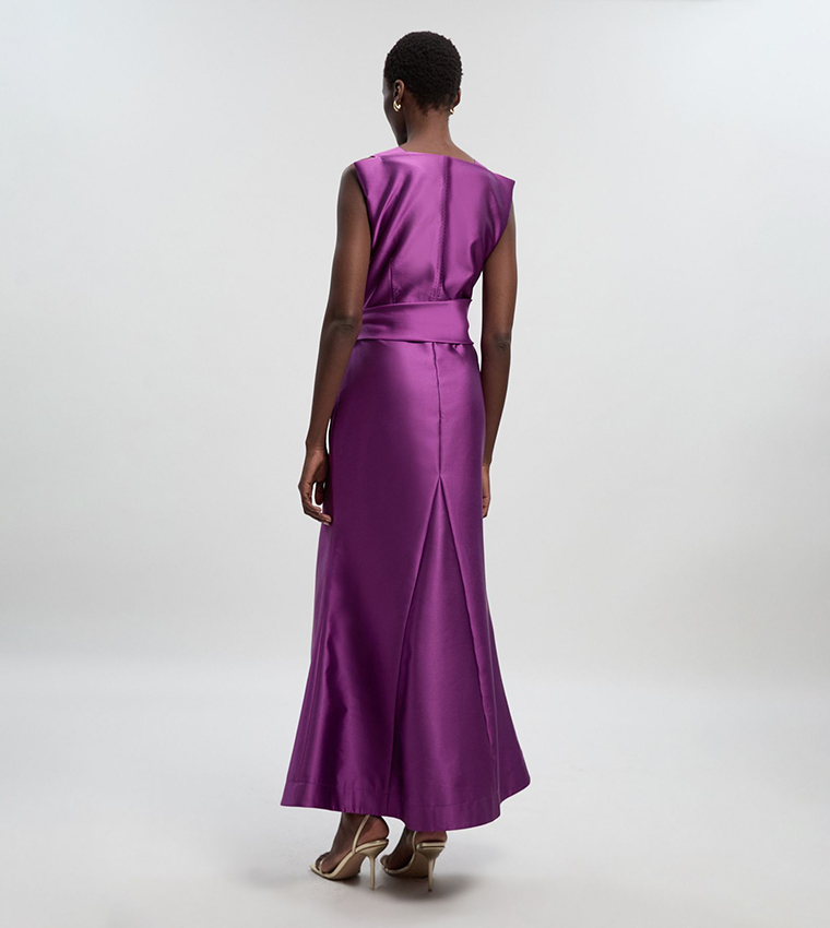 karen millen purple satin dress Purple Coast Lisa Tan 3D Corsage One Shoulder Twill Midi Dress