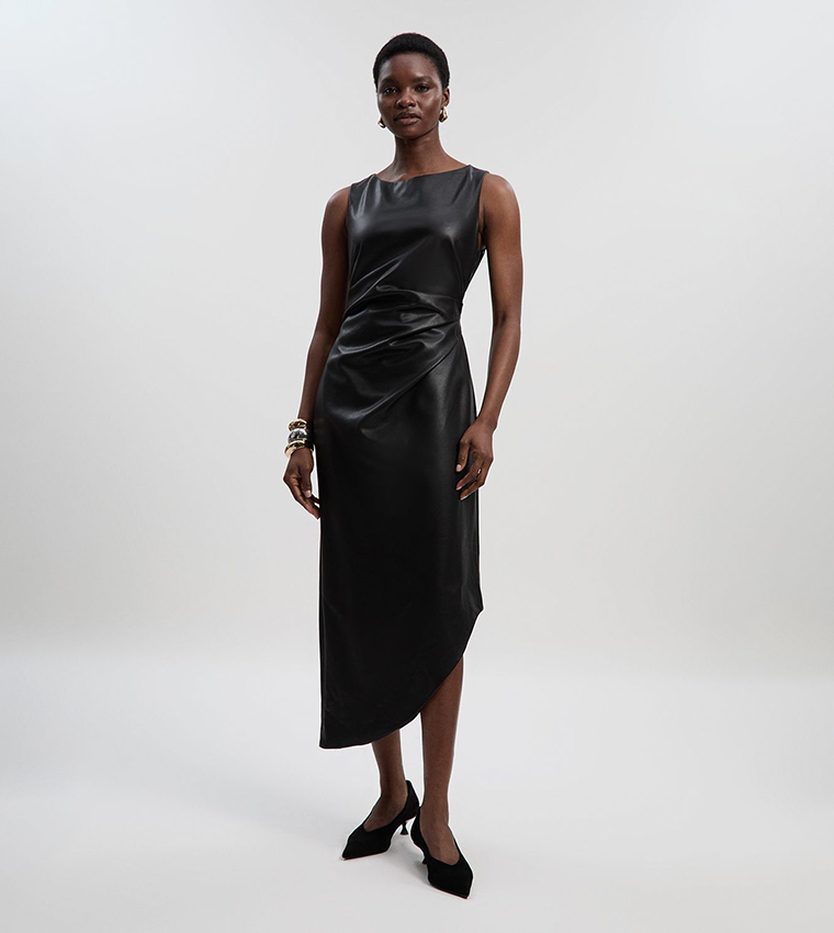 Faux Leather Ruched Asymmetric Pencil Dress
