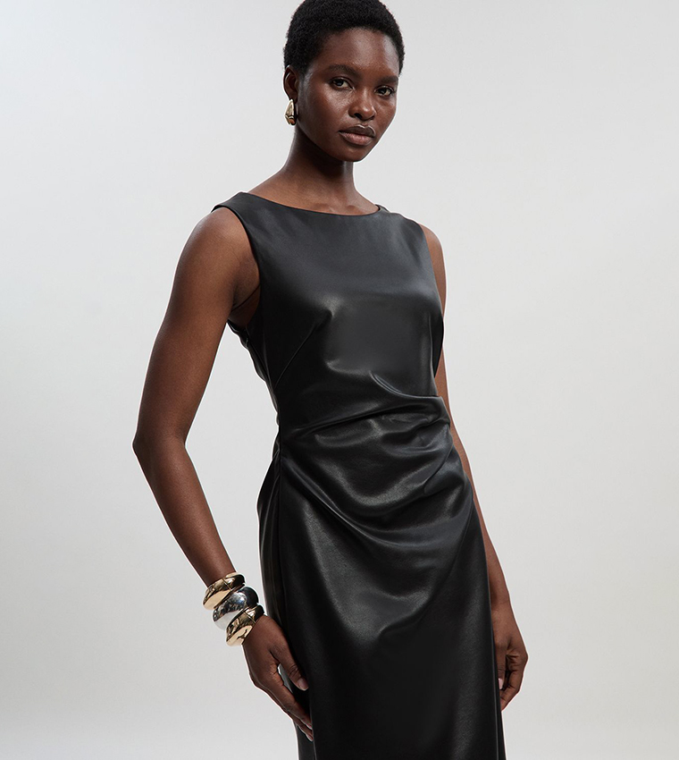 Faux Leather Ruched Asymmetric Pencil Dress