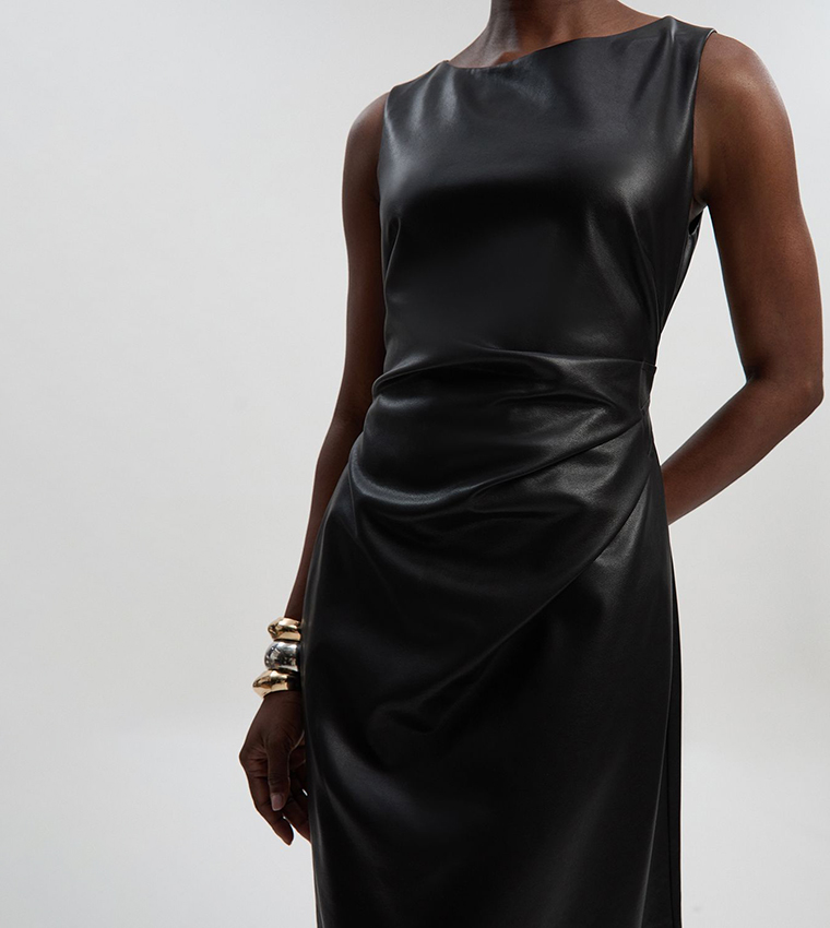 Faux Leather Ruched Asymmetric Pencil Dress