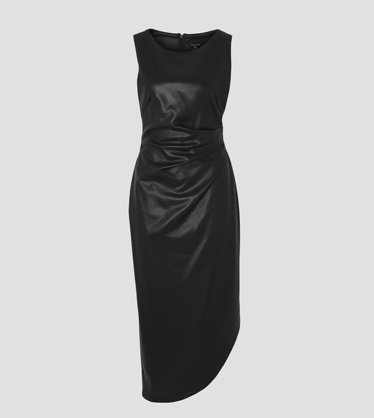 Faux Leather Ruched Asymmetric Pencil Dress