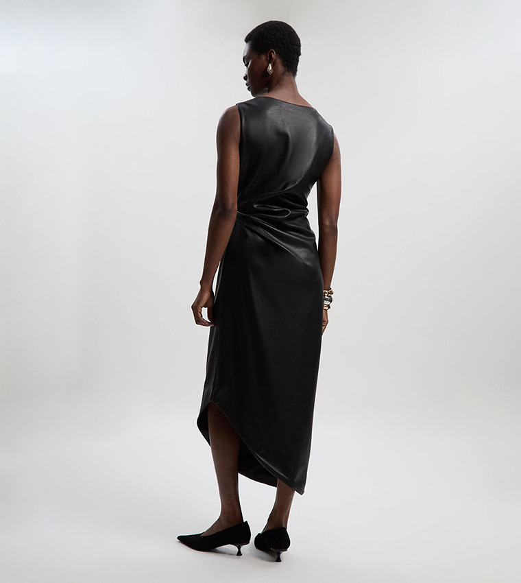 Faux Leather Ruched Asymmetric Pencil Dress