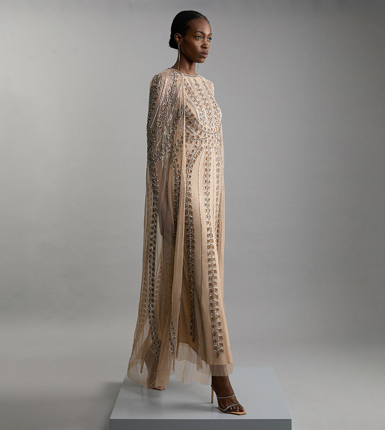 Petite Premium Embellished Cape Maxi Dress
