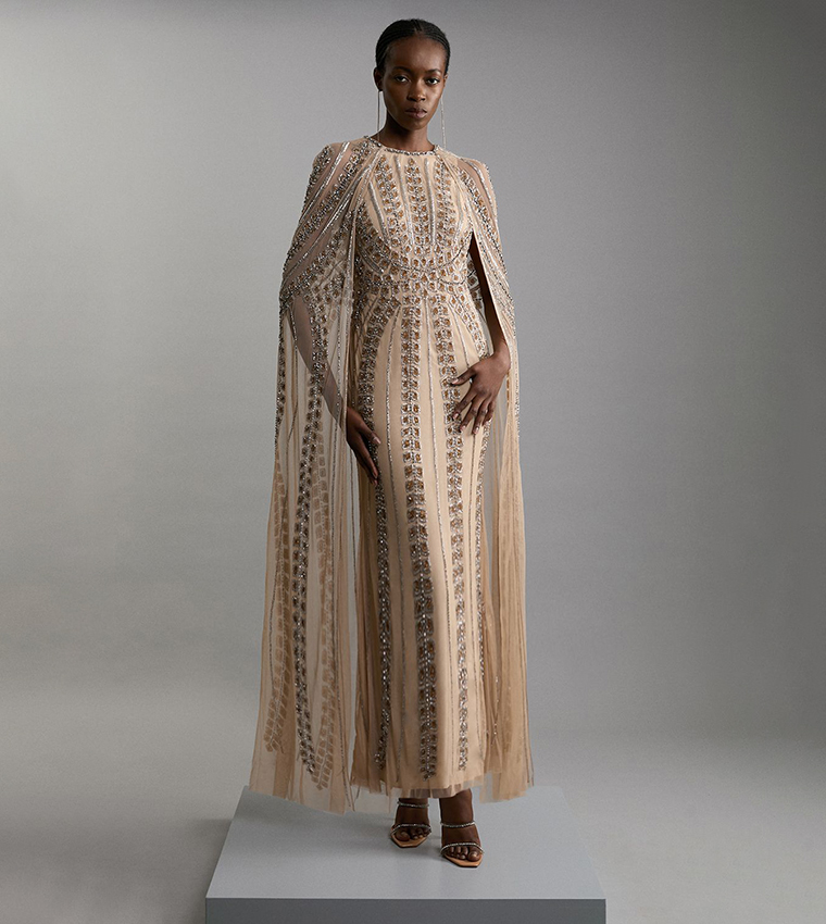 Petite Premium Embellished Cape Maxi Dress