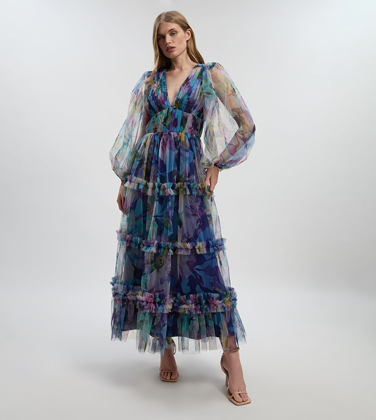 فستان ماكسي محبوك كم بالون 