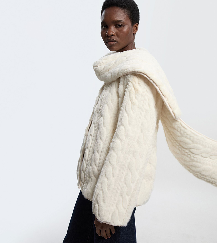 Petite Textured Faux Fur Scarf Neck Coat