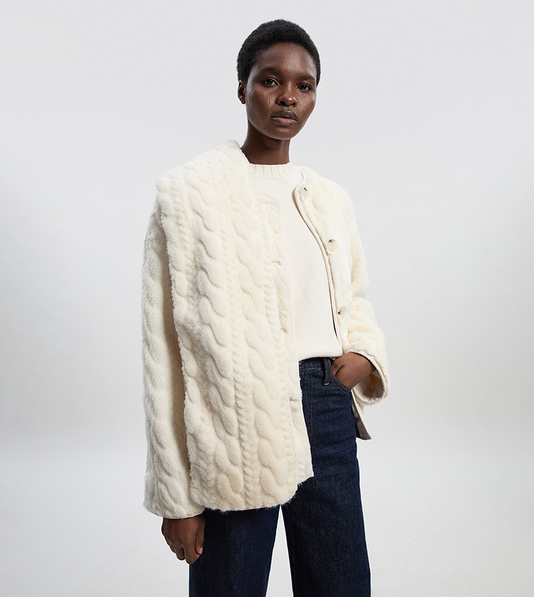 Petite Textured Faux Fur Scarf Neck Coat