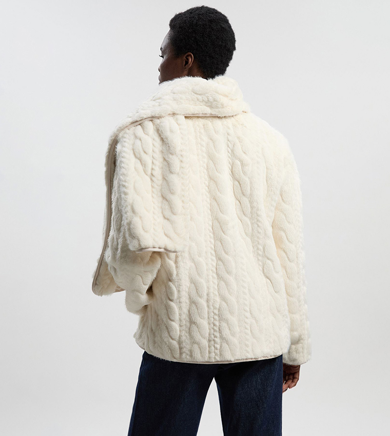 Petite Textured Faux Fur Scarf Neck Coat