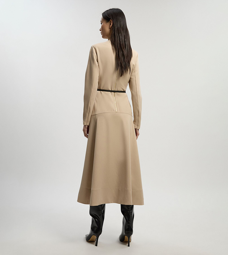 Buy Karen Millen Twill Drop Waist Detail Long Sleeves Belted Midi Dress In  Beige | 6thstreet UAE