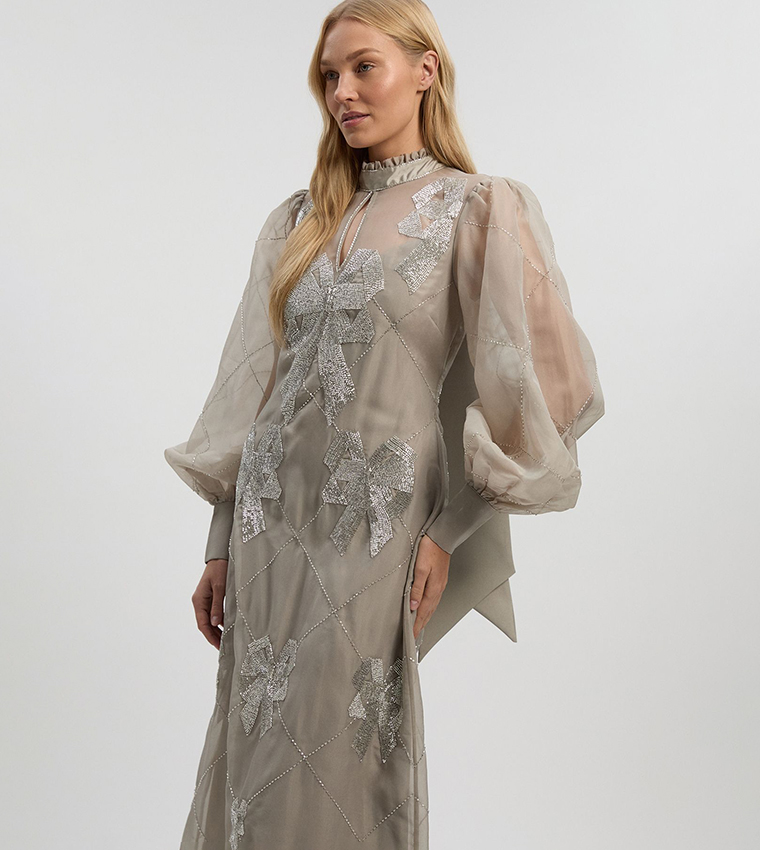 Crystal Embellished Organdie Balloon Sleeves Midi Dress