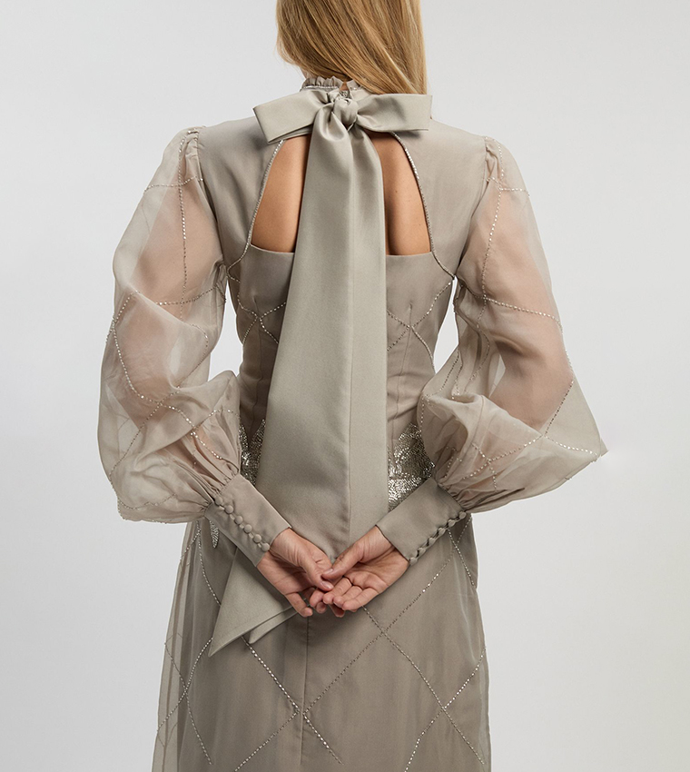 Crystal Embellished Organdie Balloon Sleeves Midi Dress