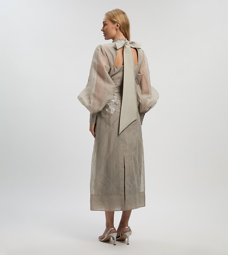 Crystal Embellished Organdie Balloon Sleeves Midi Dress