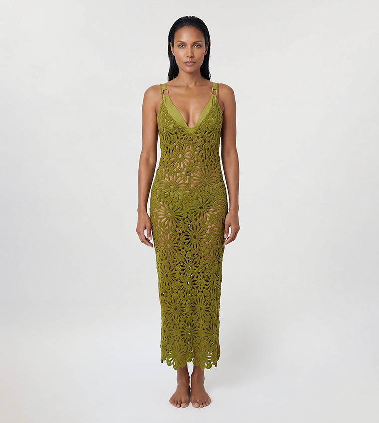 Buy Karen Millen Floral Crochet Woven Beach Maxi Dress In Khaki