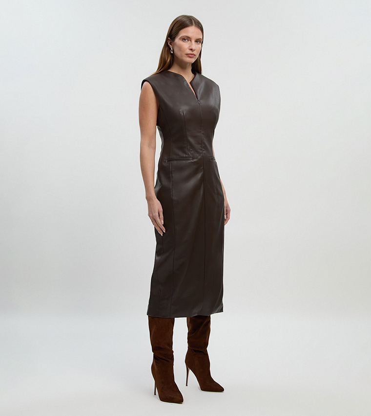 Buy Karen Millen Faux Leather Tailored Pencil Midi Dress In Brown |  6thstreet Kuwait