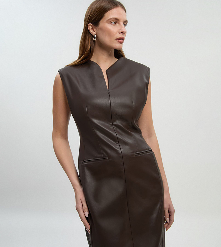 Buy Karen Millen Faux Leather Tailored Pencil Midi Dress In Brown