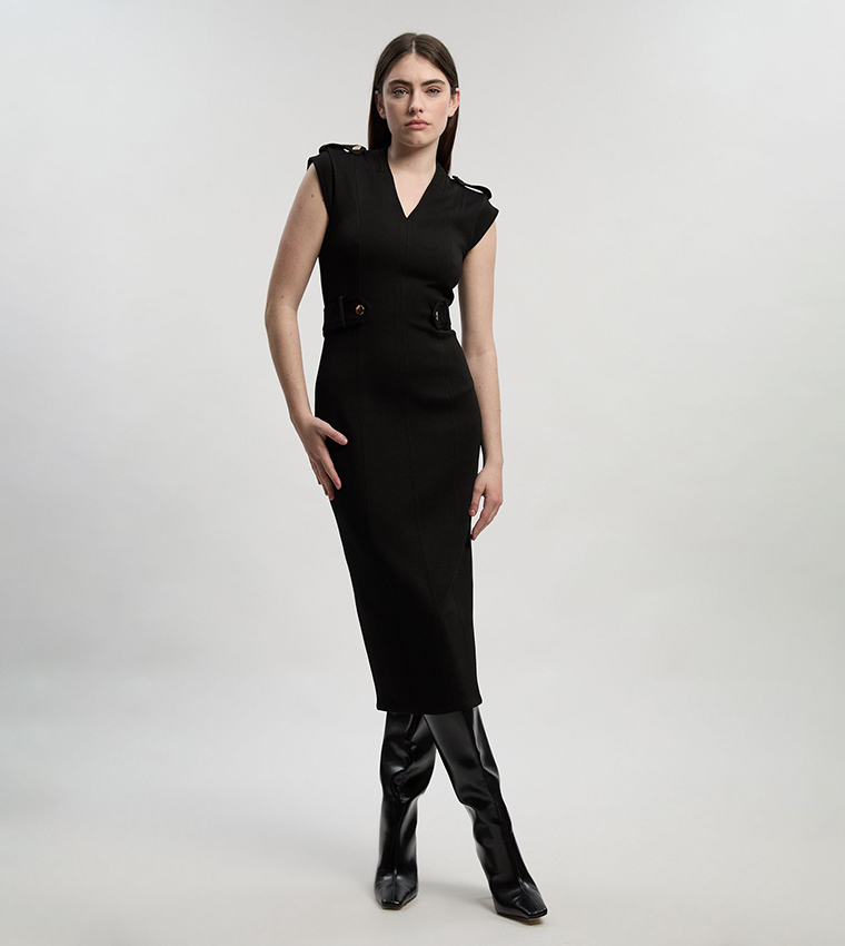 Ponte Trim Belt Detail Midi Pencil Dress