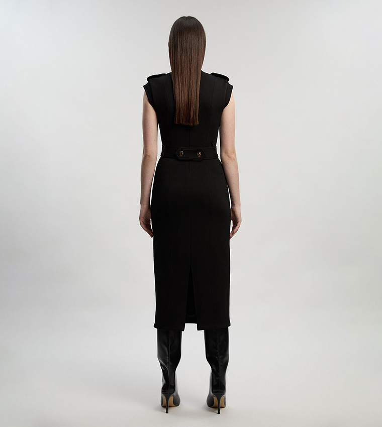 Ponte Trim Belt Detail Midi Pencil Dress