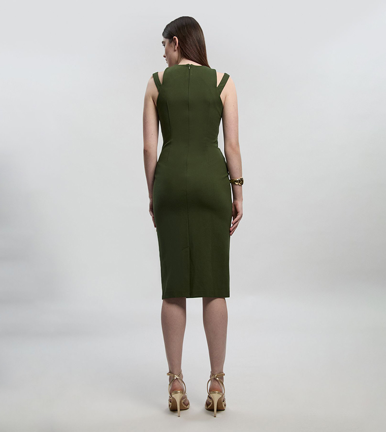 Ponte Trim Belt Detail Pencil Midi Dress