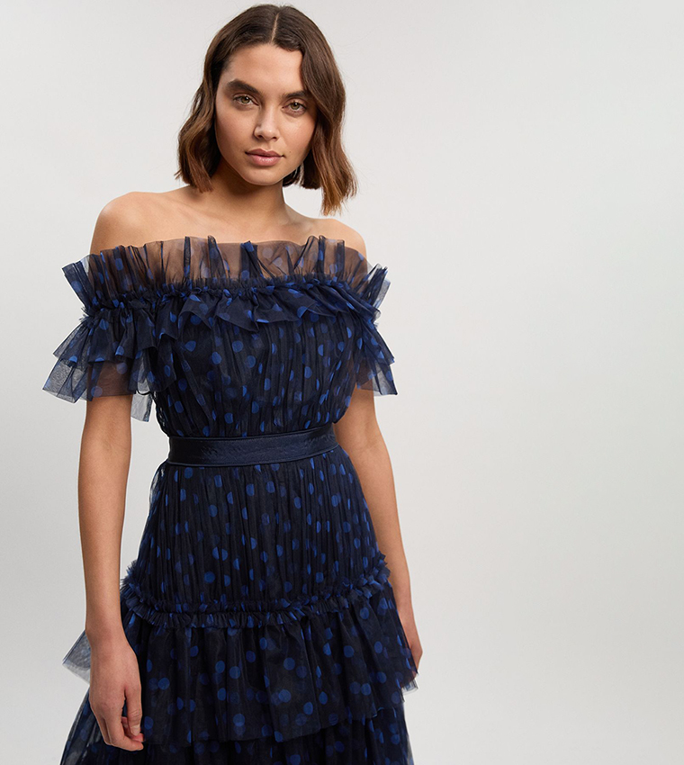Polka Dots Tulle Layered Off The Shoulder Maxi Dress