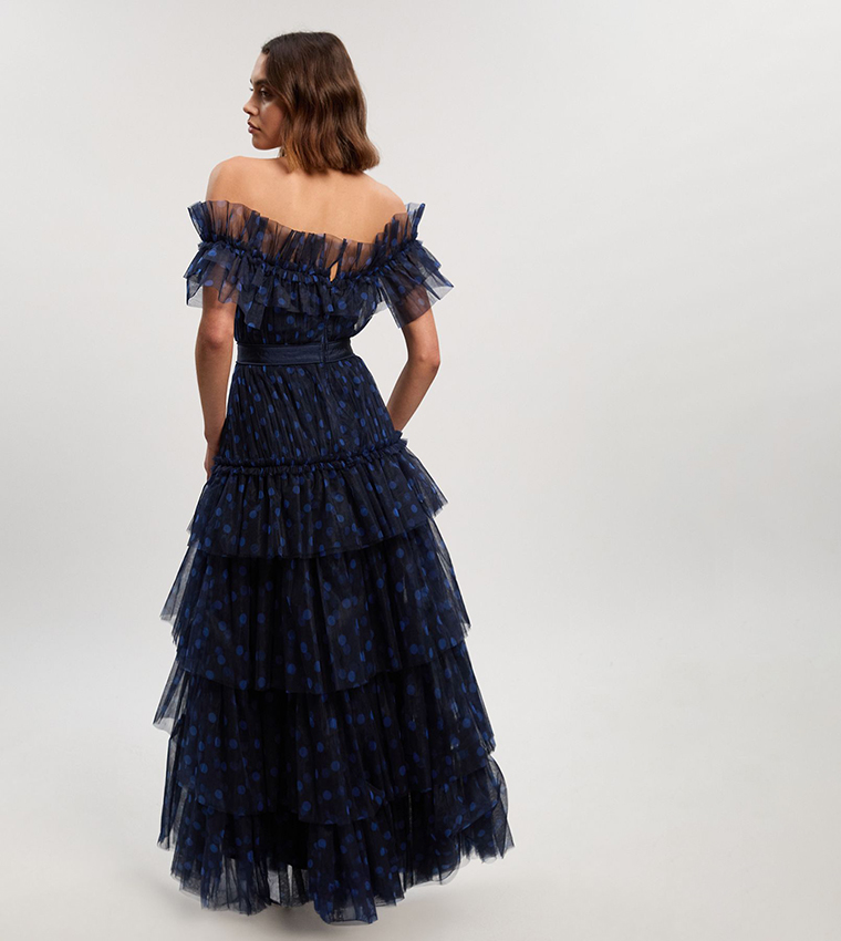 Polka Dots Tulle Layered Off The Shoulder Maxi Dress