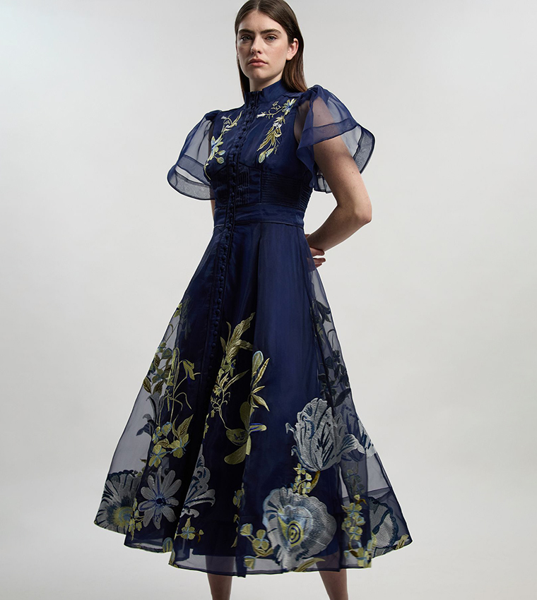 Botanical Embroidered Organdie Angel Sleeves Midi Dress