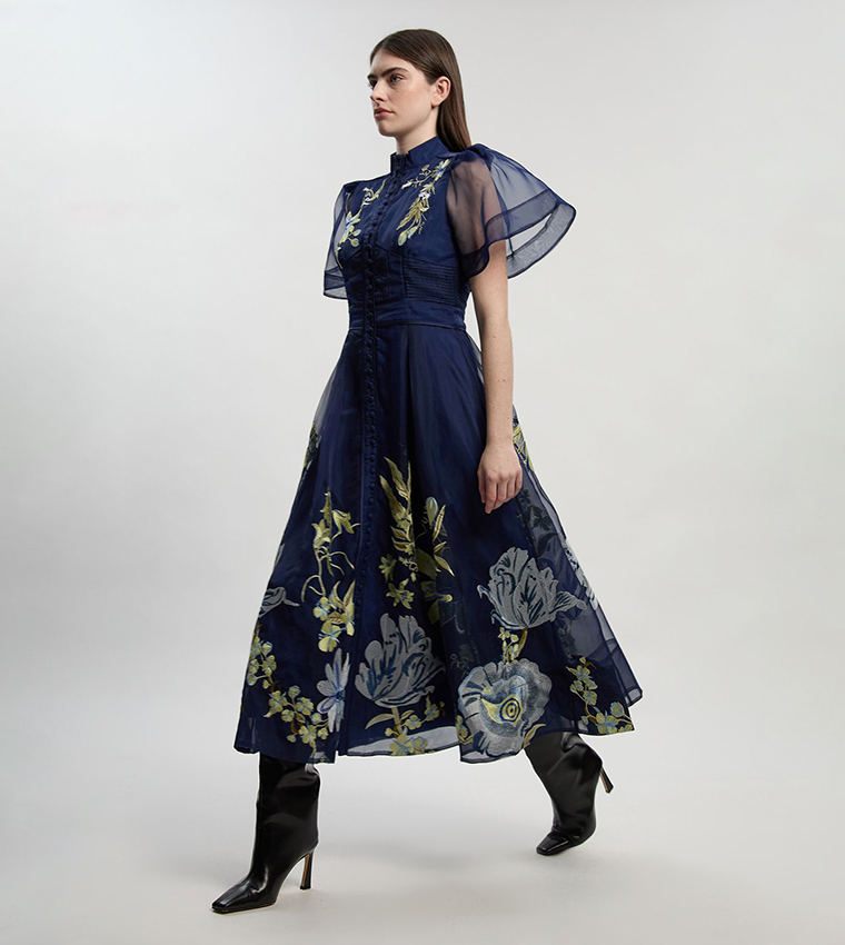 Botanical Embroidered Organdie Angel Sleeves Midi Dress