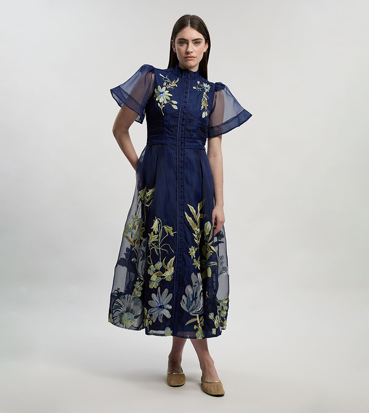 Botanical Embroidered Organdie Angel Sleeves Midi Dress