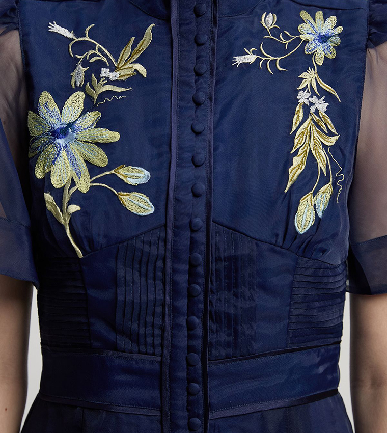 Botanical Embroidered Organdie Angel Sleeves Midi Dress