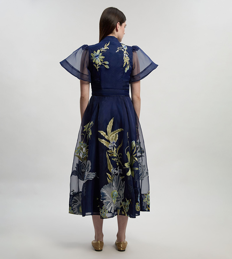 Botanical Embroidered Organdie Angel Sleeves Midi Dress
