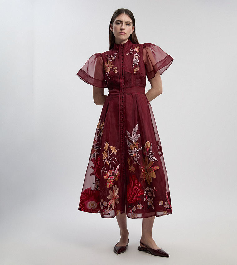 Buy Karen Millen Embroidered Organdie Angel Sleeves Midi Dress In Maroon | 6thstreet Saudi Arabia Buy Karen Millen Embroidered Organdie Angel Sleeves Midi Dress In Maroon | 6thstreet Saudi Arabia