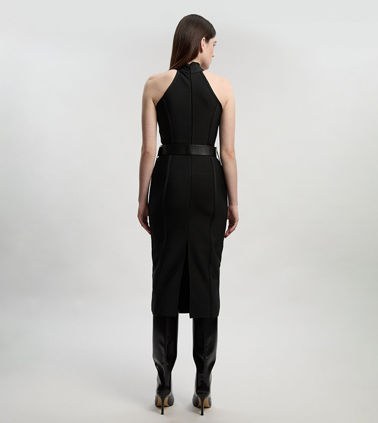 Bandage High Neck Buckle Trim Midi Dress