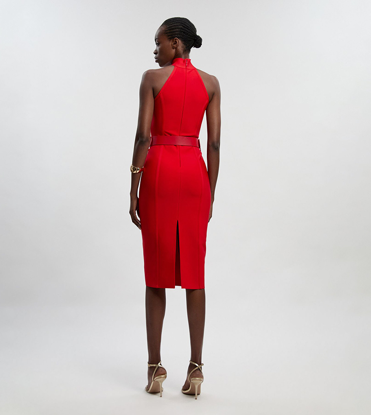 Bandage High Neck Buckle Trim Midi Dress