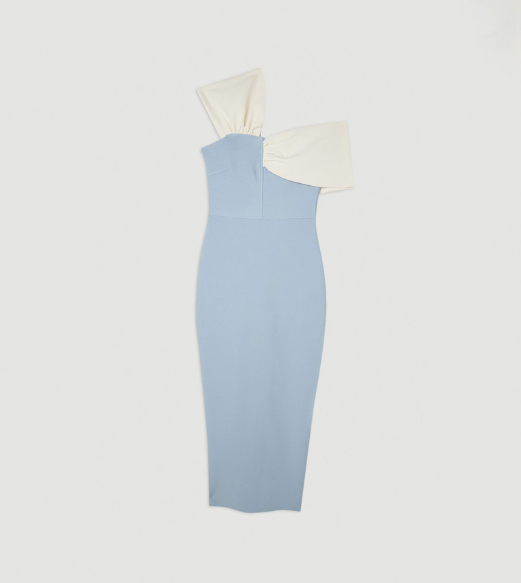 figure form bandage asymmetric strap knit midi dress Karen Millen Figure Form Bandage Asymmetric Strap Knit Midi Dress in Neutral