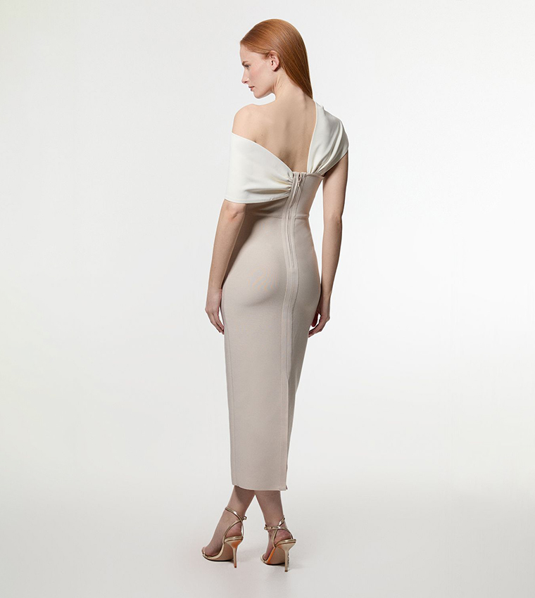 navy blue dress for baby girl Cream KarenMillen Figure Form Bandage Asymmetric Strap Knit Midi Dress main image 1