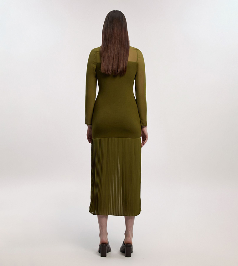 Petite Woven Knit Mix Pleated Midi Dress