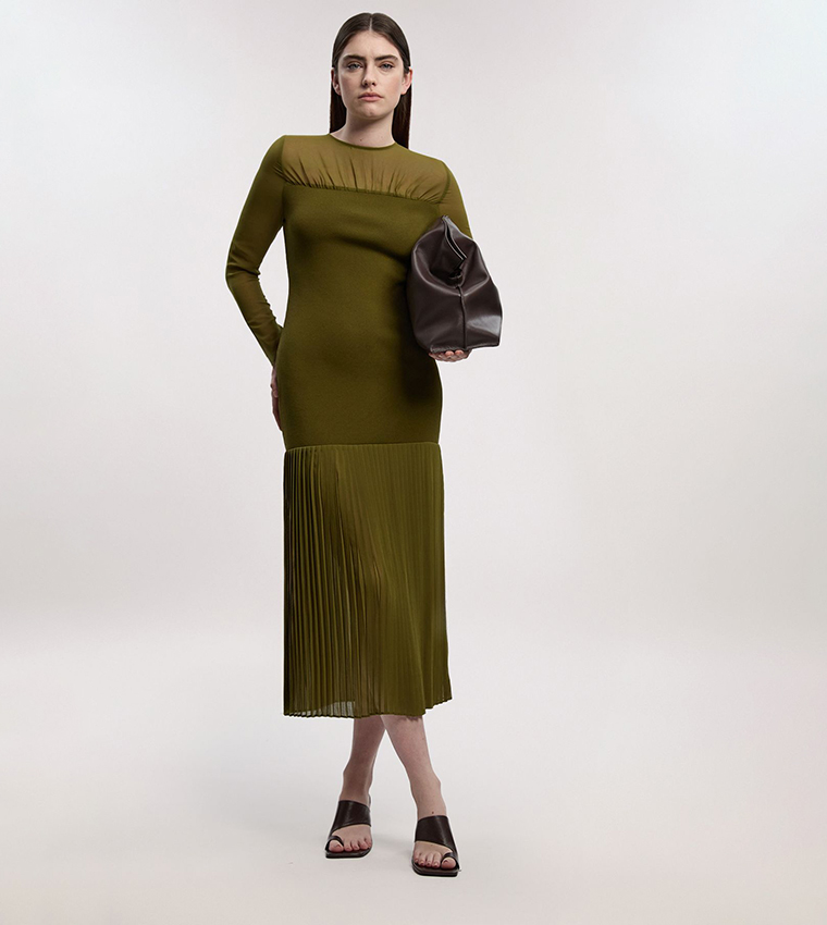 Petite Woven Knit Mix Pleated Midi Dress