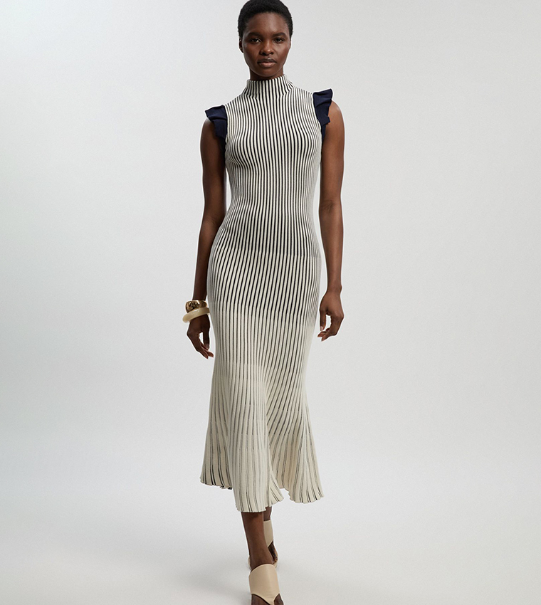 Pointelle Frill Sleeves Knit Midi Dress