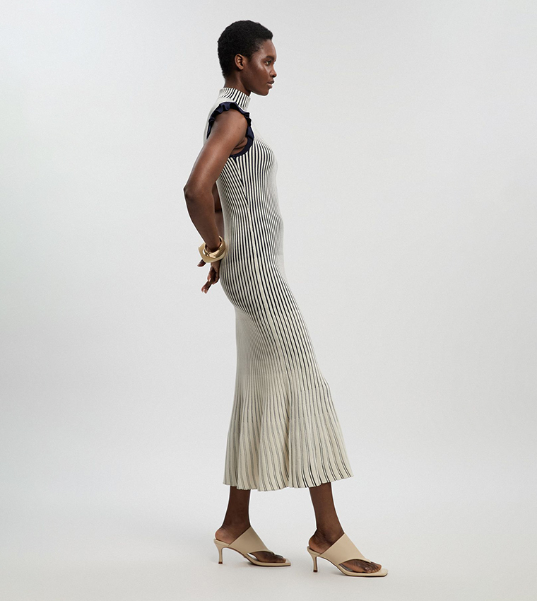 Petite Pointelle Frill Sleeves Knit Midi Dress