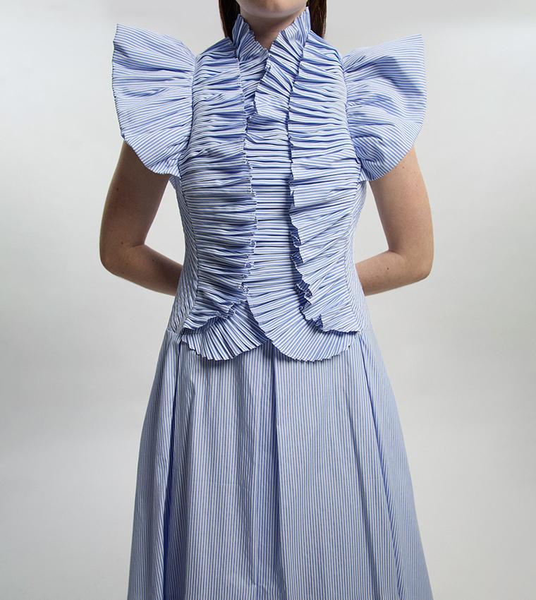 Pleated Ruffle Sleeves Woven Midi Dress