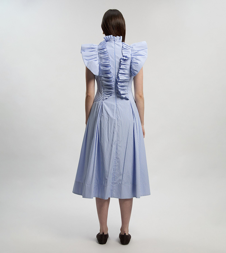 Pleated Ruffle Sleeves Woven Midi Dress