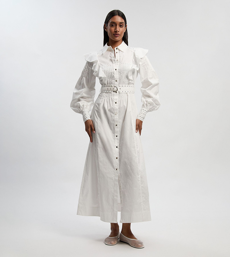 فستان قميص ماكسي قطن منسوج كم بيشوب مزين