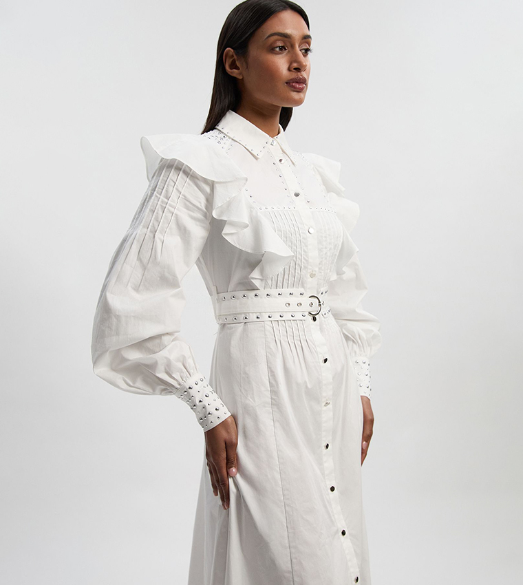 فستان قميص ماكسي قطن منسوج كم بيشوب مزين