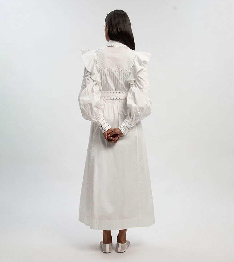 فستان قميص ماكسي قطن منسوج كم بيشوب مزين